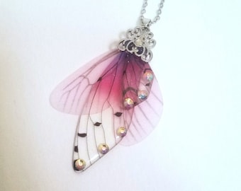 Magical Fairy Wing Pendant Necklace, pink rhinestone jewelry, whimsical forest cottage faerie, elf cosplay butterfly dragonfly wings, gift