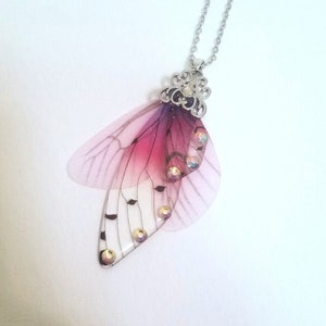 Magical Fairy Wing Pendant Necklace gift, handmade pink rhinestone jewelry, whimsical forest cottage fae cosplay butterfly dragonfly wings