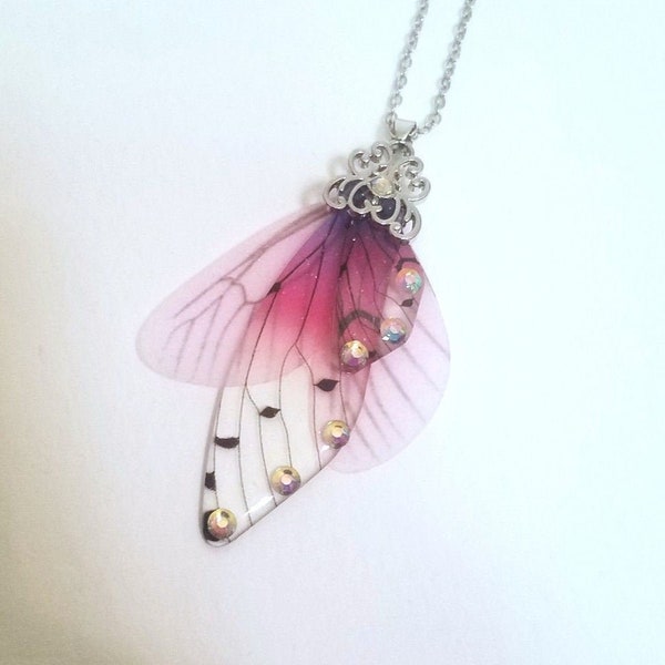 Magical Fairy Wing Pendant Necklace, pink rhinestone jewelry, whimsical forest cottage faerie, elf cosplay butterfly dragonfly wings, gift