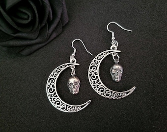 Moon Skull Earrings, goth witchy earrings, crescent moon, antique silver, medieval occult halloween pagan celtic jewelry