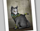Egyptian Cat, Bastet Goddess, cat mythology, original art print, black cat bast, egypt nile queen, scarab hieroglyphics illustration