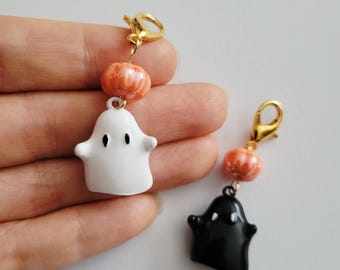 2pc Ghost Pumpkin Charm Set, handmade halloween ghostie badge reel charm, spooky cute bag charm accessory, gothic clip on charm