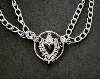 Black Heart Choker Necklace, handmade gothic collar accessory, sacred heart pendant, lightweight double layered chain jewelry