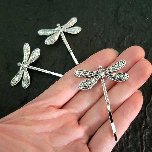 Dragonfly Hair Pin, cottagecore nature boho style, dragonfly bobby pin clip barrette, silver insect, fantasy fairycore, small gift for her