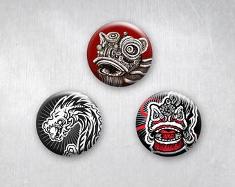 Asian Dragons pins set, Chinese Lion Dance Pins, Pinback Buttons, Original Art, 1.25 inch, Set of 3, tattoo style, lunar new year lucky gift