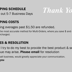 May include: A light grey background with black and white text. The text includes "SHIPPING SCHEDULE", "SHIPPING COSTS", "ISSUES & RESOLUTION", and "Thank You". The text provides information about shipping and customer service.