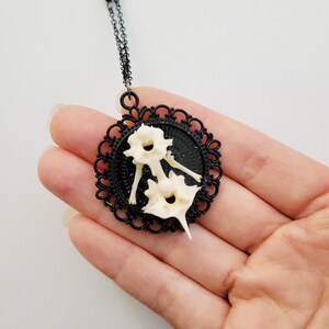 Bone Vertebrae Necklace, handmade gothic oddity jewelry, victorian goth cameo frame pendant, black metal chain, macabre crystal rhinestone
