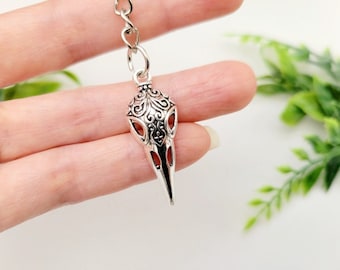 Bird Skull Keychain, goth skull, silver raven accessory, horror crow skeleton, goblincore victorian keyring, magic witchy metal, small gift