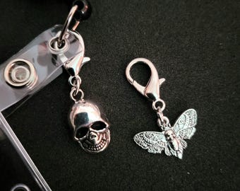 Moth Skull Badge Charm Set, mini gothic bag charm, badge reel lanyard accessory, silver metal mobile zipper pull, vampire witch accessory