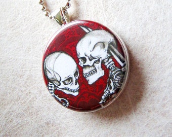 Goth Skull Love necklace, Skeleton Lovers, Original Gothic Art Pendant, red goth jewelry, day of the dead, macabre gift