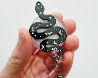 Black Snake Retractable Reel clip, handmade moon celestial snake ID badge holder, nurse work school badge reel, spooky animal gothic gift