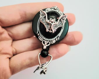 Silver Bat Cameo Retractable Reel clip, handmade gothic skull ID badge holder, work school spooky badge reel accessory, swivel vampire clip