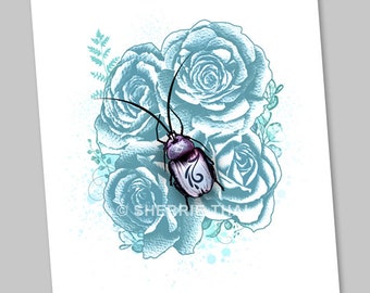 Beetle wall art, blue roses mini art print, original ink drawing, beetle floral art, nature beauty insect art, gift