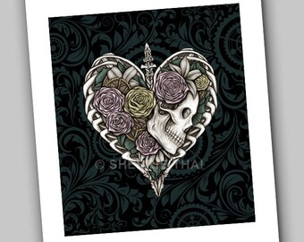 Goth Skull Art Print, Skeleton Heart, bone heart drawing, steampunk day of the dead skull art, dark art, original gothic skull art gift