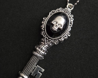 Vintage Skull Key Necklace, handmade heavyweight cameo skeleton key pendant, silver metal beaded ball chain, dark fantasy horror jewelry
