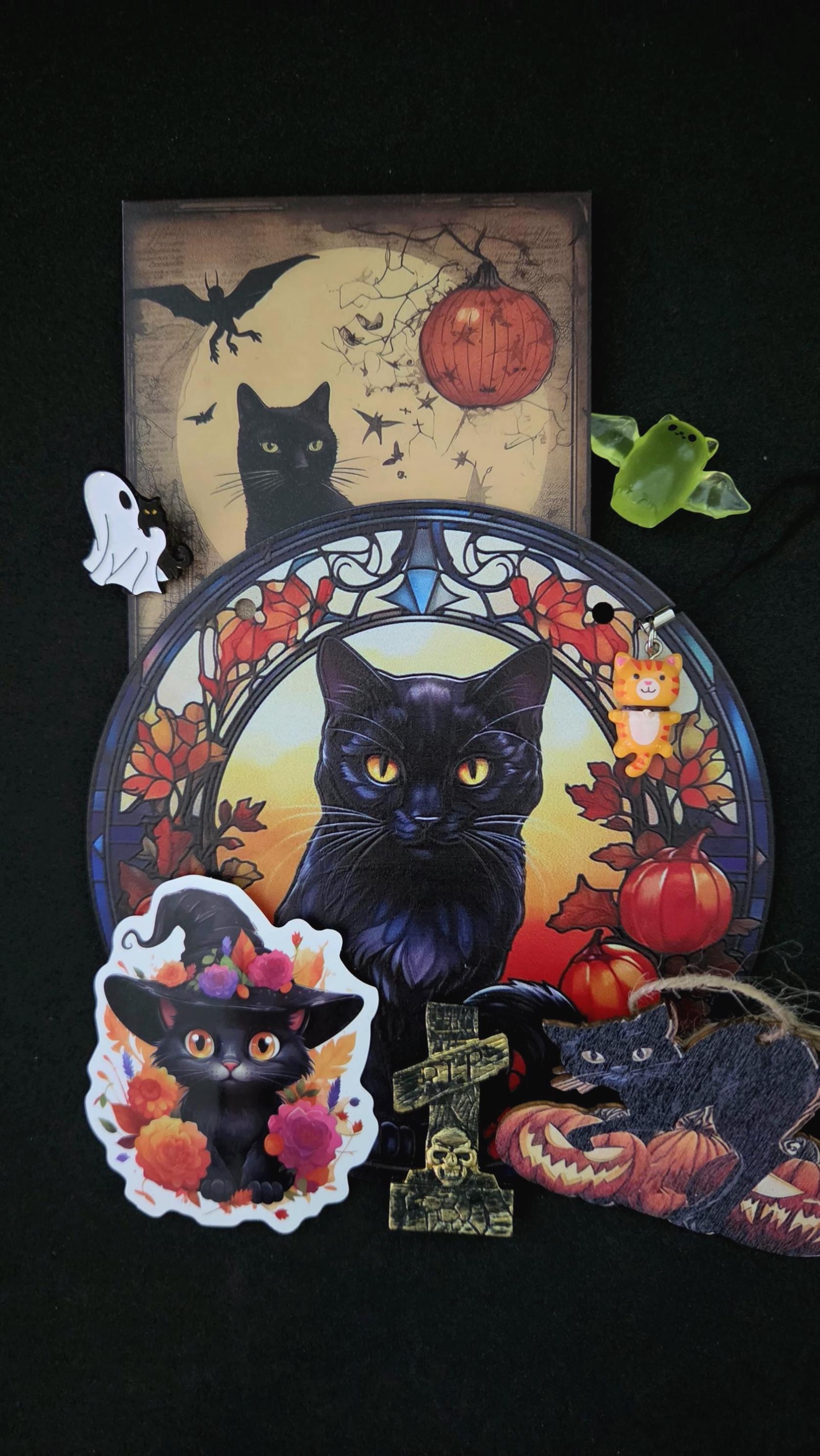7pc Halloween Cat Decor Gift Set, black cat wall ornament display, fall pumpkin witch hat accessories bundle, wood hanging figurine