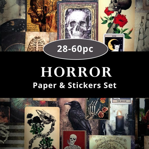 28-60pc Horror scrapbook set, vintage gothic papers stickers kit, spooky magic collage junk journal supply bundle, witch art crafts gift