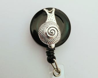 Garden Snail Retractable Reel ID badge, swivel belt clip for office work school, handmade cottagecore badge reel goblincore nature accessory