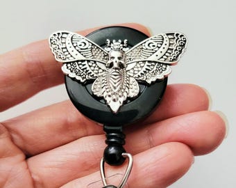 Skull Moth retractable reel clip, handmade gothic skull ID badge holder, work school, insect moth badge reel, dark fairy accessory goth gift