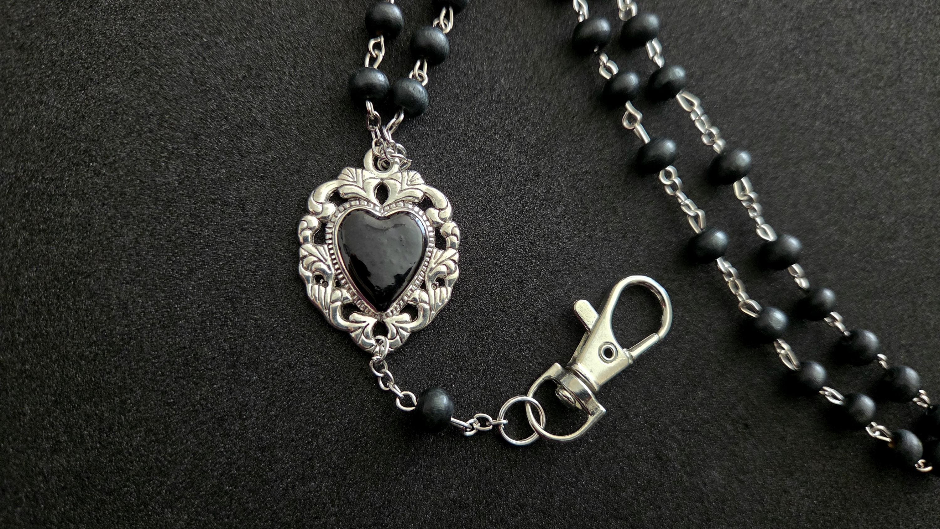 Black Heart Rosary lanyard necklace, handmade ID badge holder breakaway clip, lightweight bead necklace, sacred heart, event office work