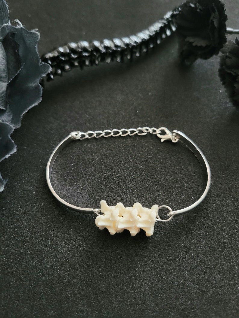 Gothic Bone Bracelet, silver handmade vertebrae jewelry, hinge bangle bracelet, goth oddity jewelry, goblincore bone macabre gift image 3