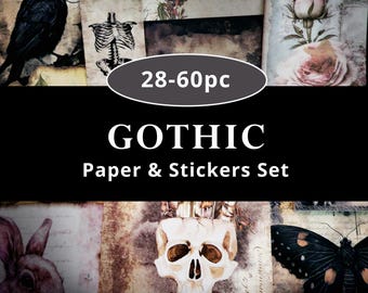28-60pc Gothic scrapbook set, paper sticker collage bundle, dark academia stickers, vintage junk journal supply grunge witch stationery gift