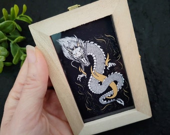 Framed dragon art print, black dragon decor, asian decor, japanese chinese original art, fantasy art desk decor, chinese zodiac animal, gift