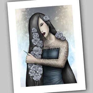 Tattooed girl wall art print, gothic girl roses wall decor, day of the dead portrait, dark beauty shelf decor, fantasy fairy desk art gift