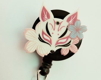 Fox Kitsune Retractable Reel, handmade anime dog, ID badge clip for work school, canine animal lover badge reel, cute accessory gift