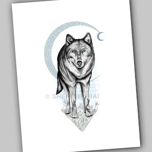 Wolf Moon wall art print, gothic forest animal, magic macabre room decor, dark cottagecore wildlife nature drawing, dog lover, wolf gift