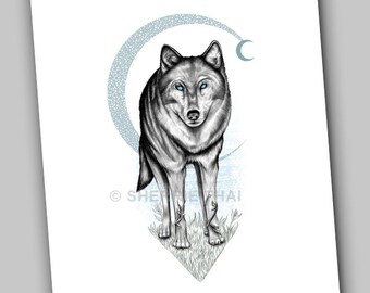 Wolf Moon Art Print wall art, Gothic Dark Fantasy forest animal, macabre decor, magick lunar wildlife nature drawing, dog lover, nature gift