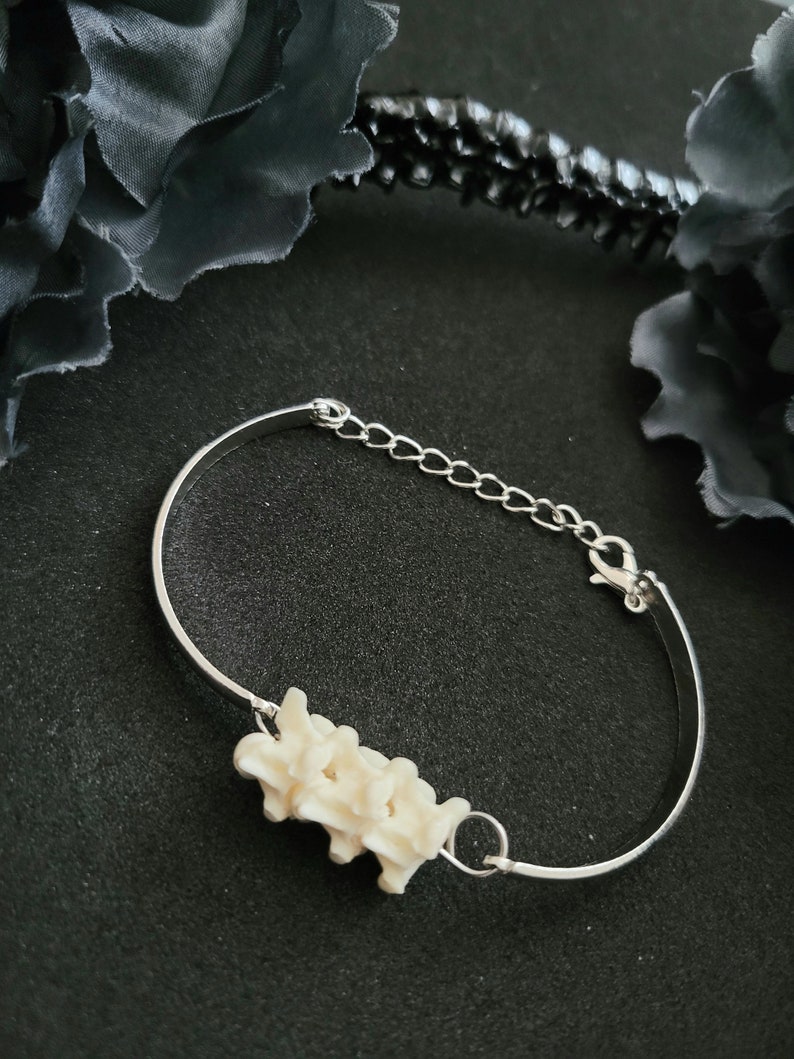 May include: A silver bracelet with a cream-coloured, spine-shaped charm. The bracelet includes an adjustable chain and a lobster clasp. The charm is detailed, offering a unique, gothic aesthetic. The bracelet is a distinctive piece of jewellery.