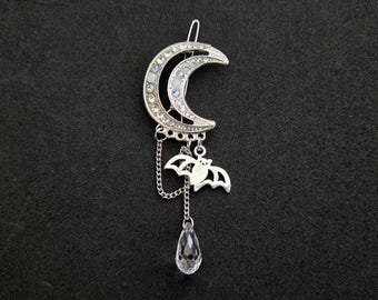 Gothic Moon Bat Hair Pin with dangling chains, handmade vampire bobby pin clip, dark fantasy cosplay party event, rhinestone teardrop charm