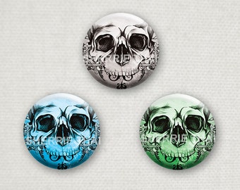 Skulls Pinback Buttons, Original Design Art, 1.25 inch, Set of 3, horror gothic undead macabre pin lot halloween party favor gift