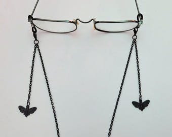 Black Moth Glasses Chain, handmade gothic butterfly pendant charm lanyard necklace, dangle insect eyewear strap spectacle cord accessory
