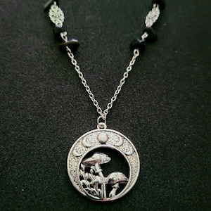 Gothic Mushroom Necklace, handmade crescent moon phases celestial necklace, silver black crystal pendant, dark cottagecore jewelry gift