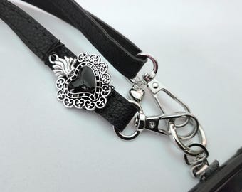 Heart Crossbody Phone Strap Lanyard, black faux vegan leather purse bag charm, tether connector, gothic mobile travel clip accessory