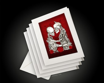 Skull Lovers Cards, goth original art print, Set of 4 Greeting Cards and Envelopes, red day of the dead stationary pack, halloween