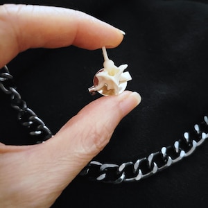 May include: A small, off-white brooch in the shape of a vertebra, held between fingers. The brooch is attached to a silver-colored pin. A silver chain is visible in the background against a black backdrop.