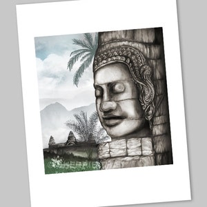 Bayon, Angkor Wat Southeast Asia Cambodian temple illustration from original art, fine art print, buddha statue tropical travel drawing