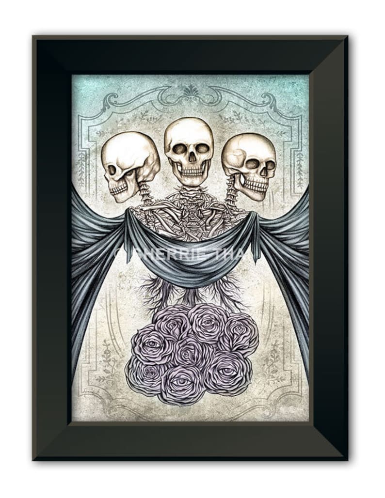 Skull rose art print, victorian gothic skeletons wall decor, macabre drawing, forest woodland goth witch horror, dark fantasy gift image 2