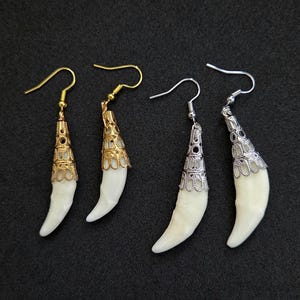 Long Teeth Bone oddity earrings, handmade victorian gothic canine taxidermy jewelry, gold silver cone dangle earrings, horror vampire fangs