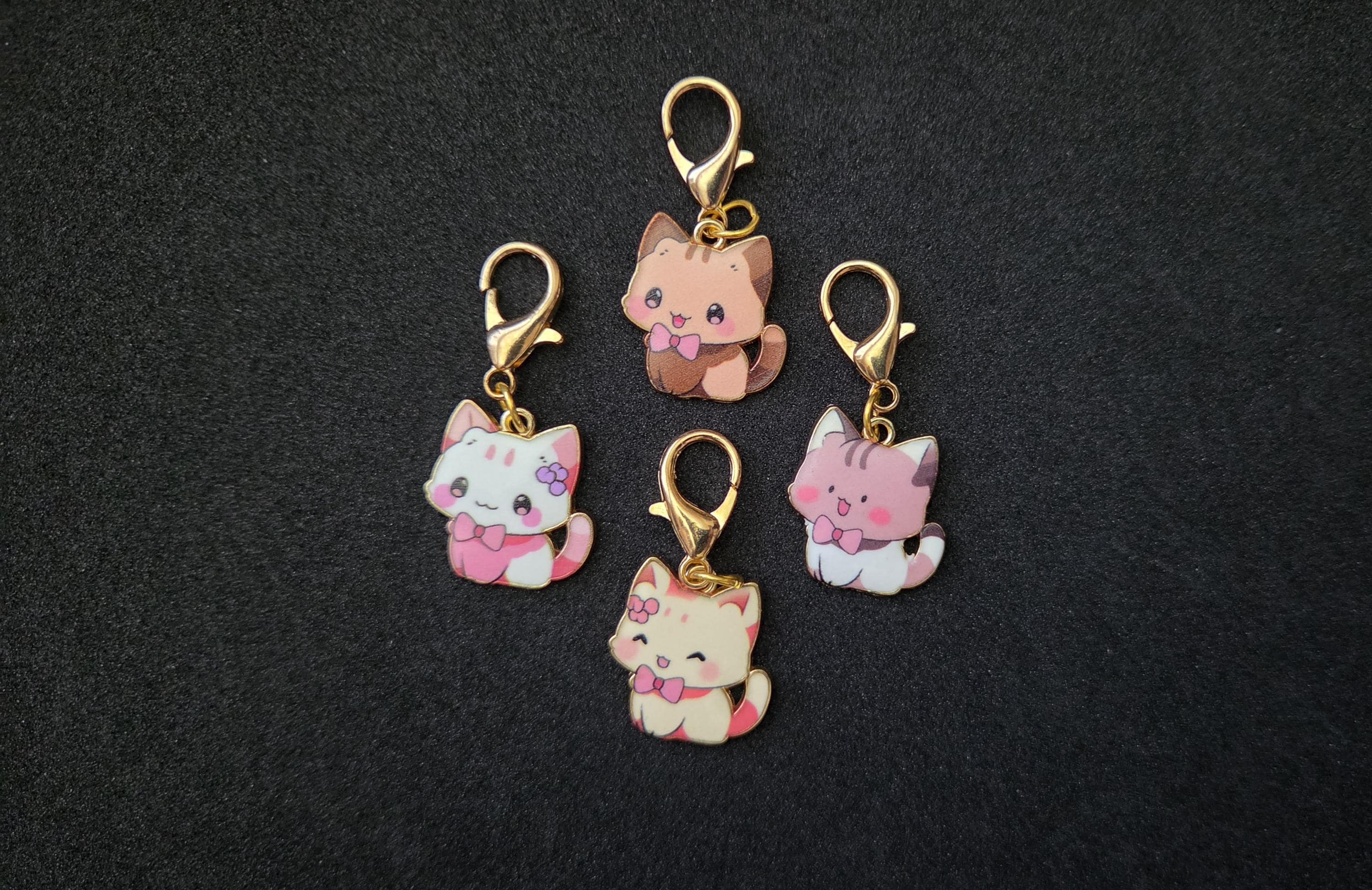 4pc Cat Set Badge Lanyard Charm, handmade purse bag charm keychain, zipper pull accessory, mini cute cartoon kitty, gold lobster clip on