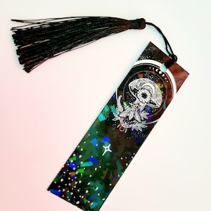 Holographic Mushroom Bookmark, handmade dark cottagecore tassle bookmark, nature fungi art writer reader gift, moon tarot book lover gift