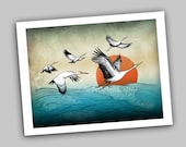 Flying Cranes over waves art print, from original painting, Asian nature bird wall decor