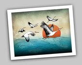 Flying Cranes over waves art print, from original painting, Asian nature bird wall decor