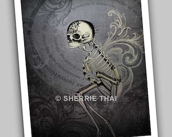 May include: A digital illustration of a skeleton with ornate filigree patterns on the skull and back, set against a dark circular background with swirling text that reads "the distortion of humanity is representative of our insecurities and discontent." The text "© SHERRIE THAI" is printed in white across the center.