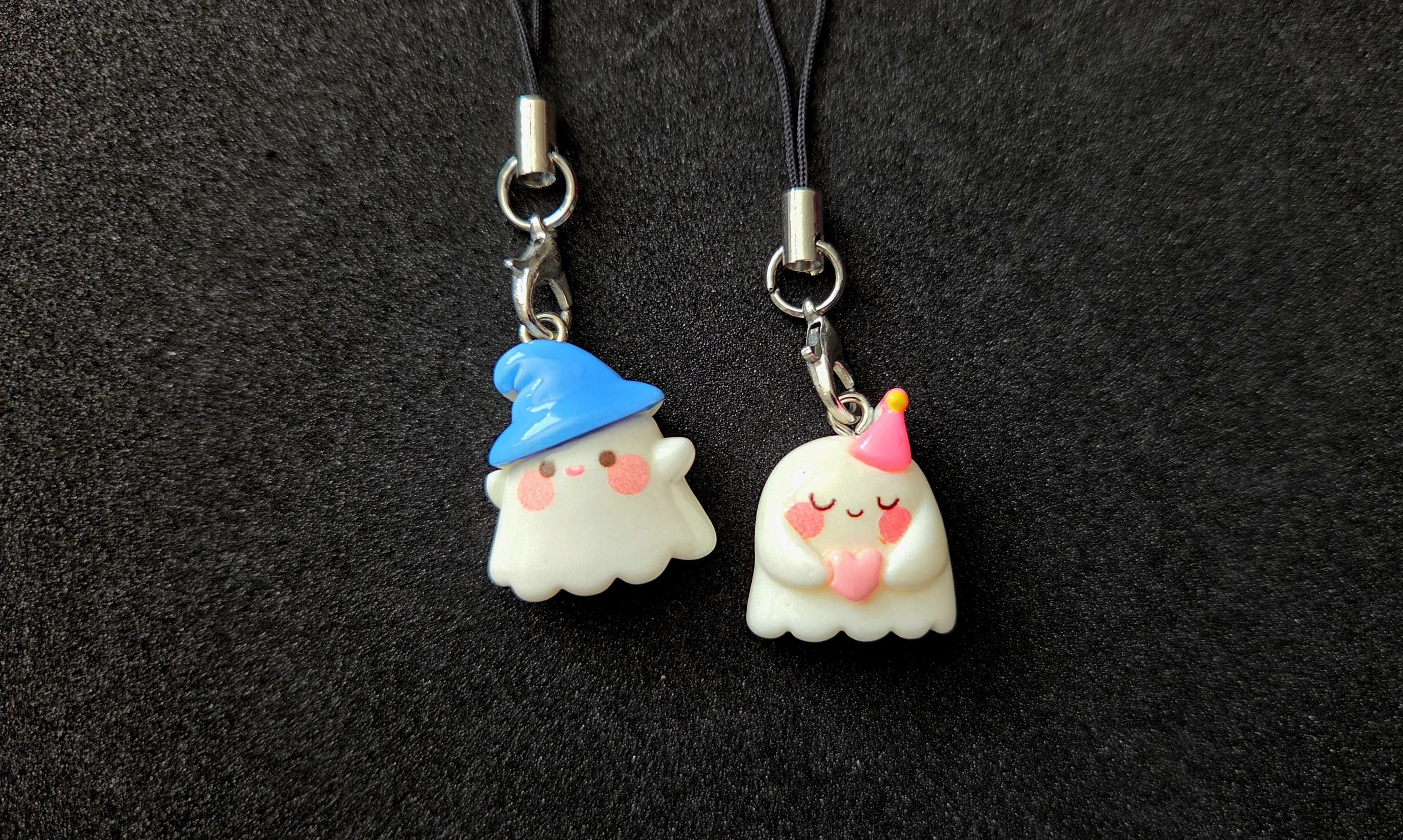2pc Cute Ghost Charm Set, handmade pastel gothic cartoon ghostie heart, white phone mobile badge reel decor, spooky bag charm accessory clip