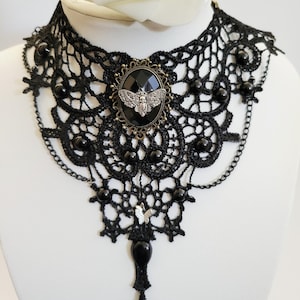Skull Moth Choker Necklace, handmade gothic lace choker, dark cottage goblincore jewelry, vintage butterfly gift, insect costume cosplay
