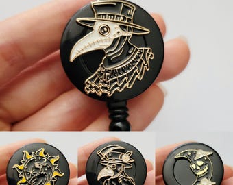 Plague Bird Mask Retractable Reel ID badge clip for work school, handmade vintage gothic raven badge reel, dark horror accessory gift